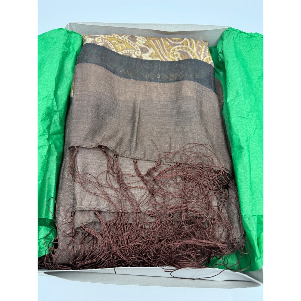Brown Paisley Pashmina Shawl Gold Black Border Fringed Evening Wrap 67x22
